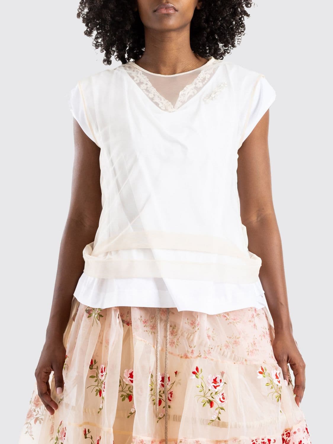 Simone Rocha Cotton T-shirt with Embroidered Tulle Inserts and Crystals