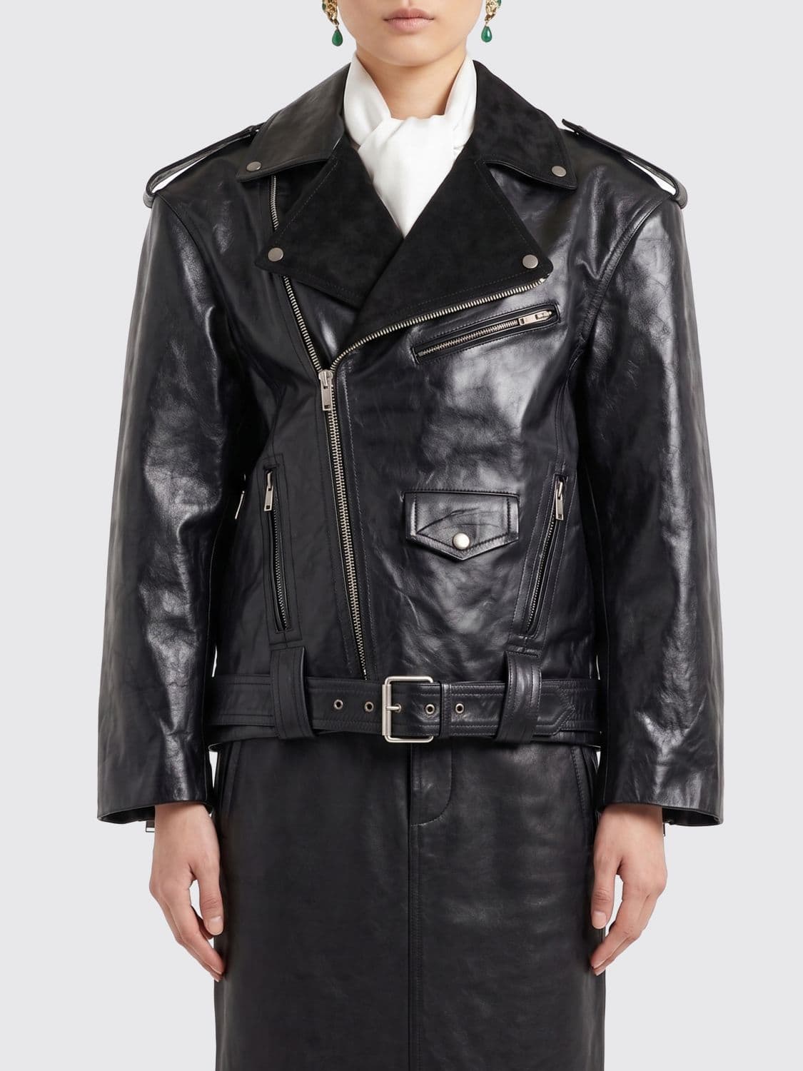 Saint Laurent Smooth Calfskin Biker Jacket with Asymmetric Zip