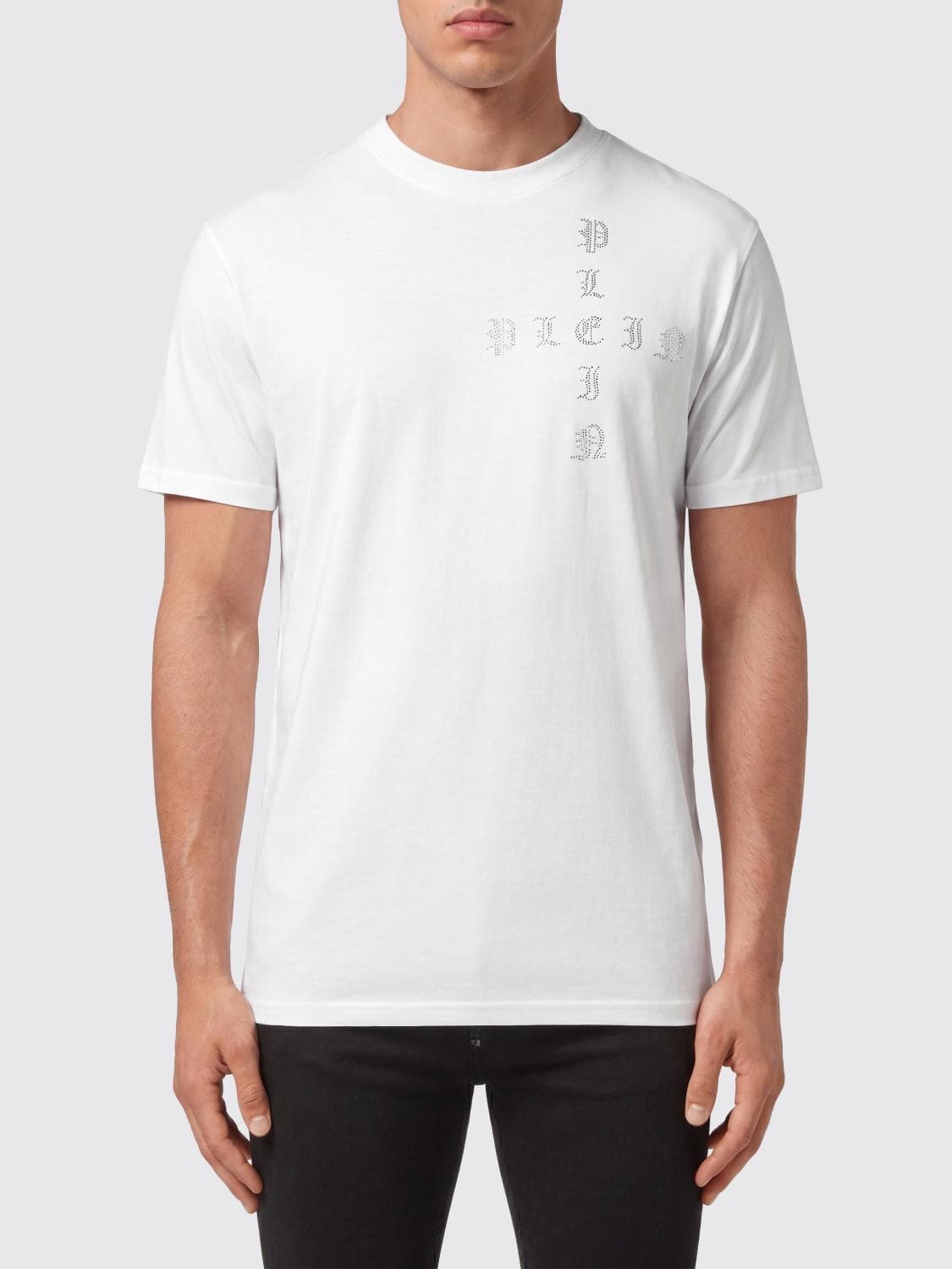 Philipp Plein Cotton Crewneck T-shirt with Rhinestone Logo Lettering