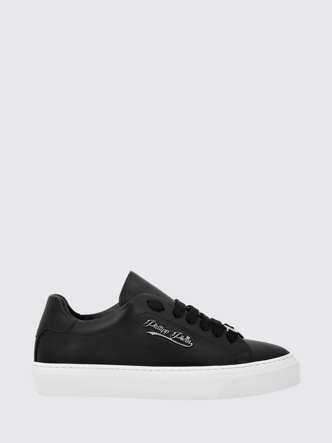 Philipp Plein Low Top Smooth Leather Sneakers with Applied Metal Logo