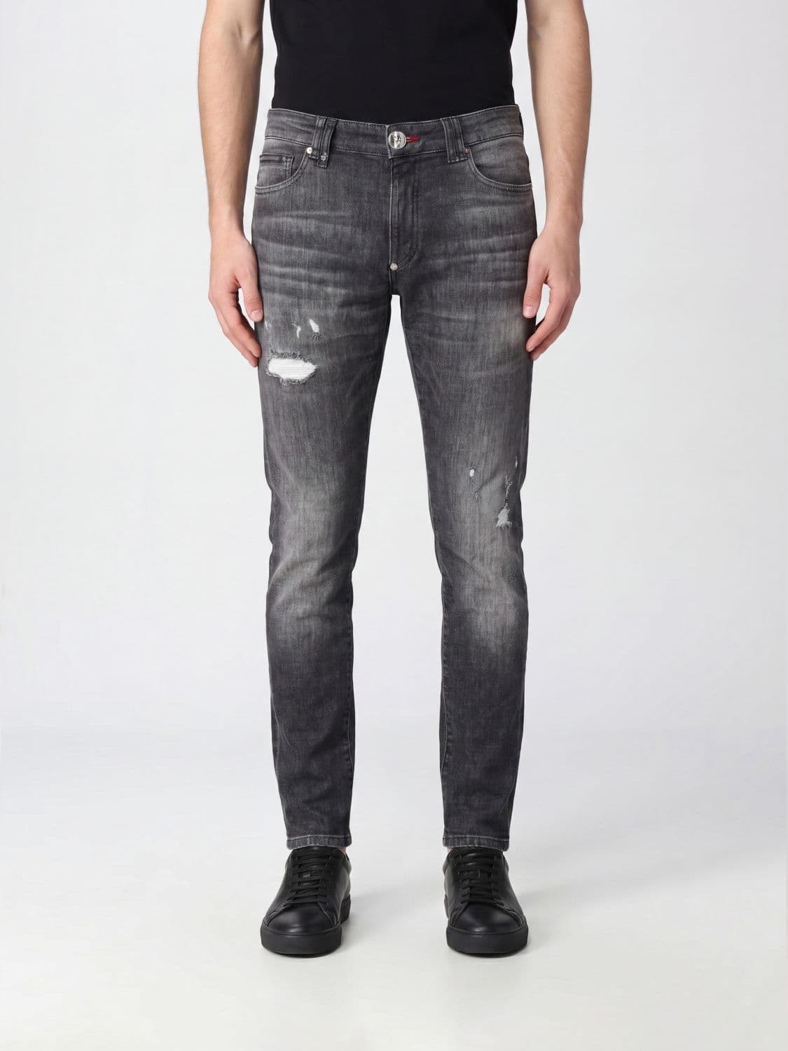 Philipp Plein Mid-Rise Slim Fit Jeans in Distressed Cotton Denim