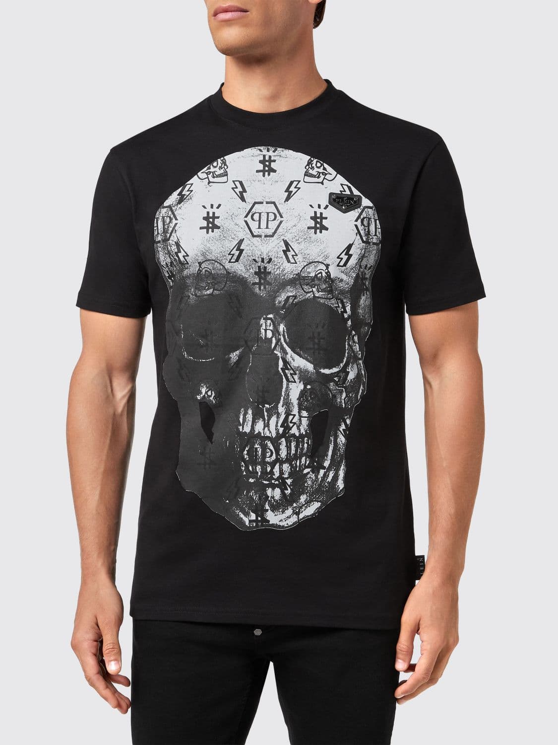 Philipp Plein Cotton T-shirt with Contrasting Back Skull and Logo Print