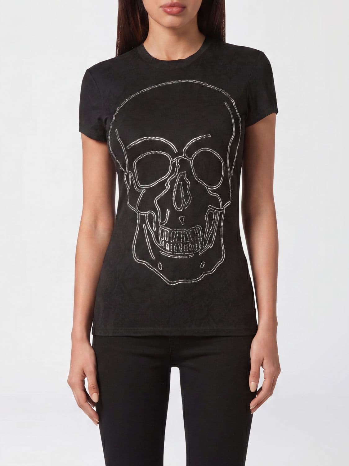 Philipp Plein Slim Fit Cotton T-Shirt with Skull Print and Rhinestones