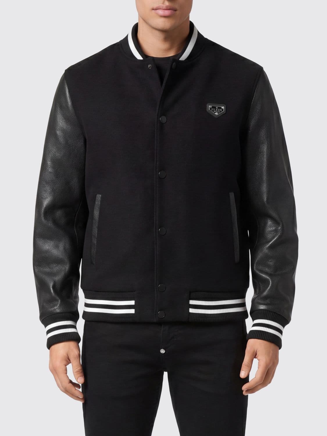 Philipp Plein Wool and Leather Varsity Bomber Jacket with Skull Embroidery and Rhinestones