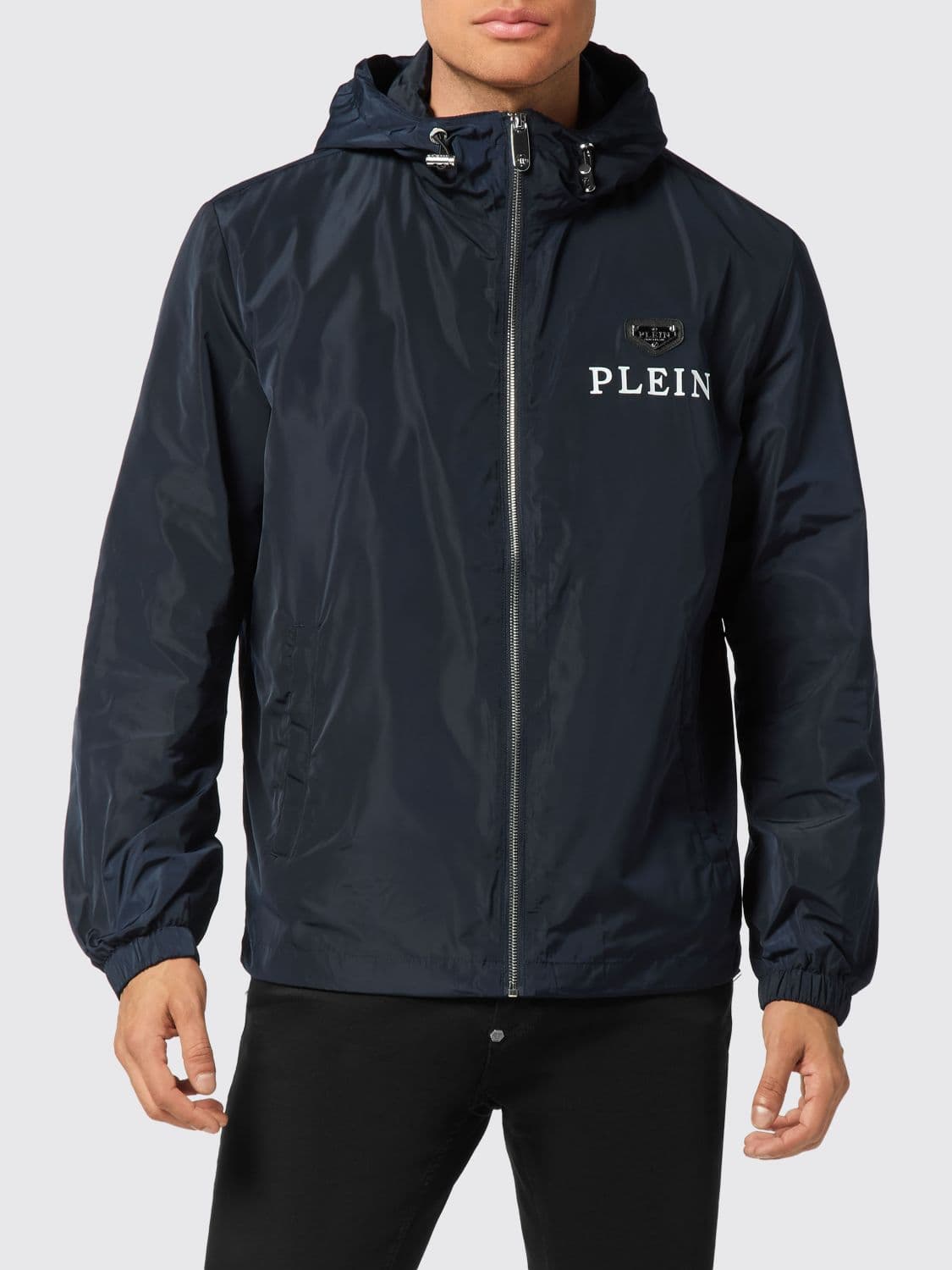 Philipp Plein Technical Fabric Hooded Windbreaker Jacket with Logo Print