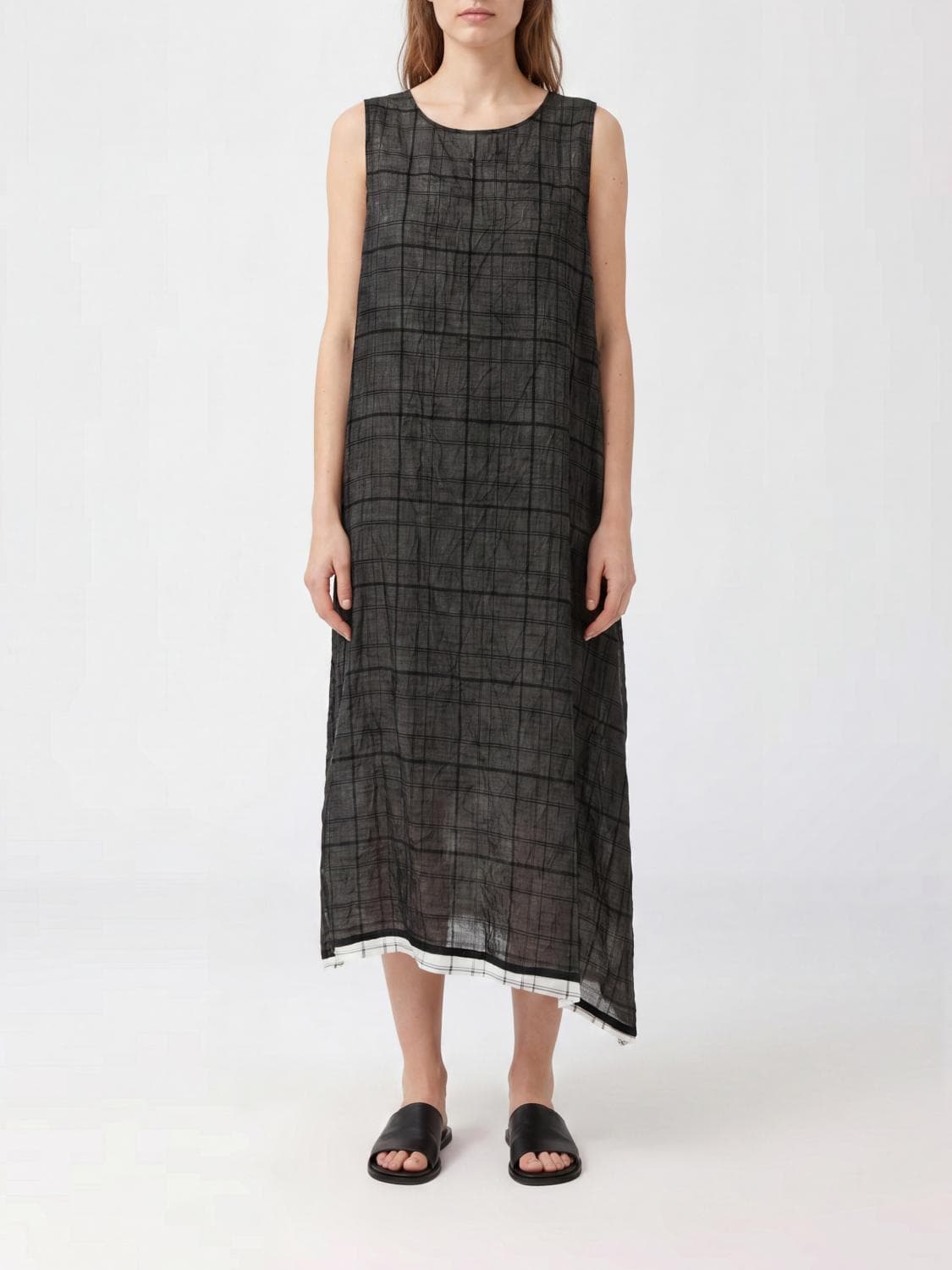 Y's Asymmetrical Check Cotton and Linen-Blend Midi Tunic with Off-Shoulder Design · 2