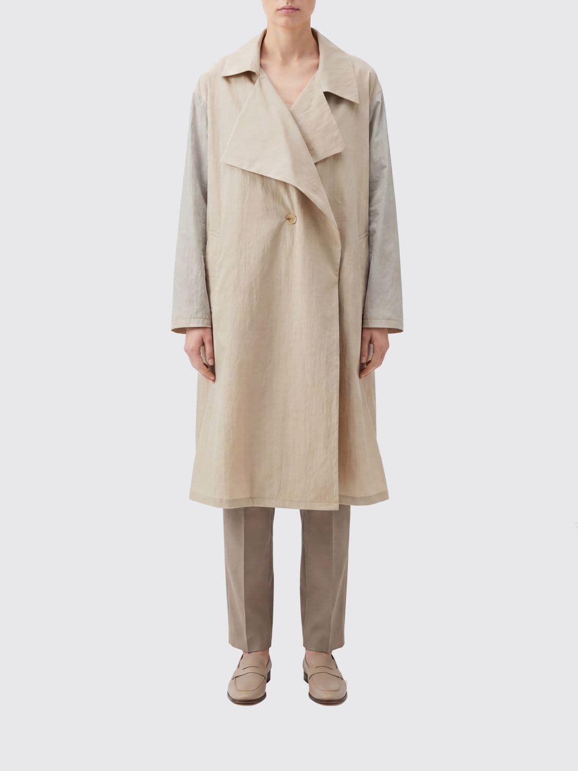 Y's Long Cotton Trench Coat with Lapel Collar, Dropped Shoulders, and Button Closure