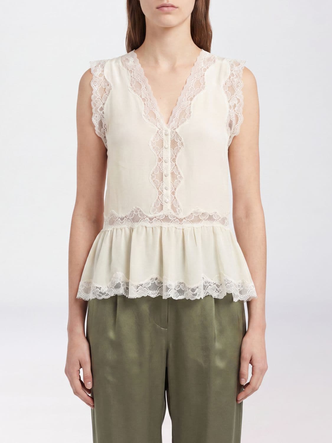 Chloé Sleeveless Silk Evening Top with V-Neck and Lace Inserts