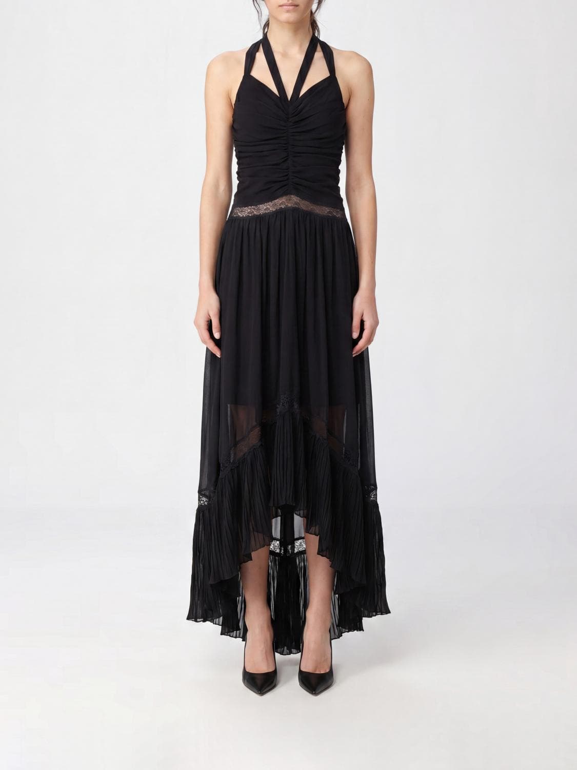 Blumarine Asymmetrical Midi Georgette Dress with Lace Inserts