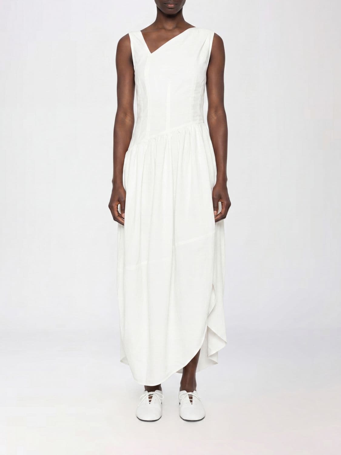 Namacheko Asymmetrical Off-The-Shoulder Midi Dress in Ramie and Viscose