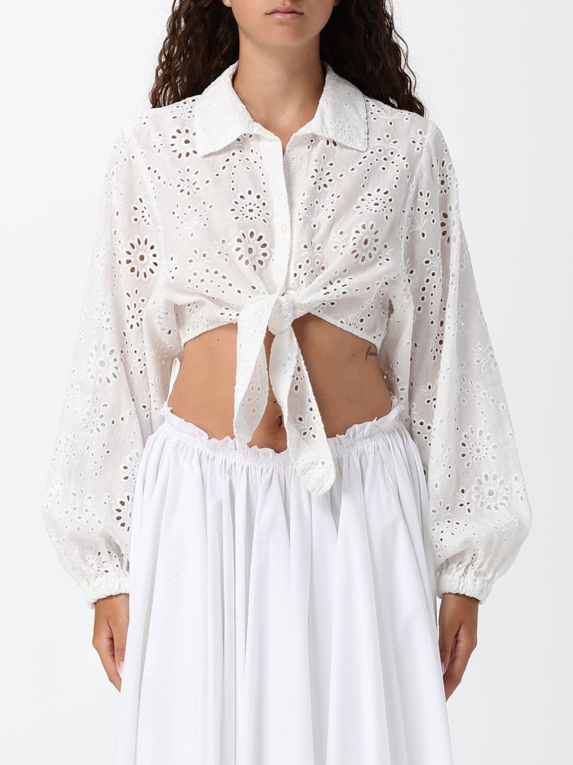 Mc2 Saint Barth Cropped Broderie Anglaise Shirt with Balloon Sleeves
