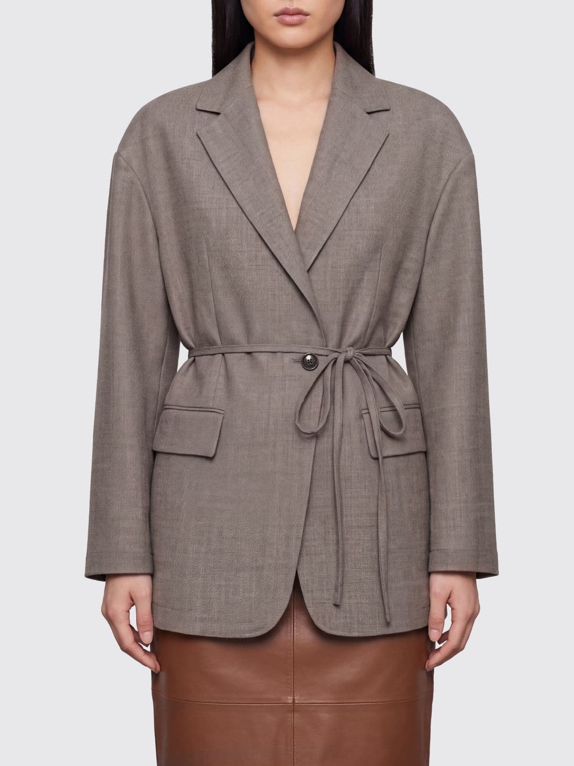 Brunello Cucinelli Single-Breasted Virgin Wool Blazer with Belt and Dropped Shoulders