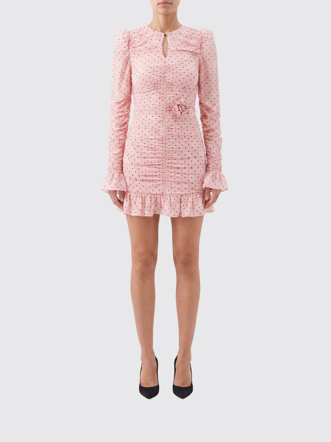 Rotate Padded Shoulder Polka Dot Mini Sheath Dress in Jersey