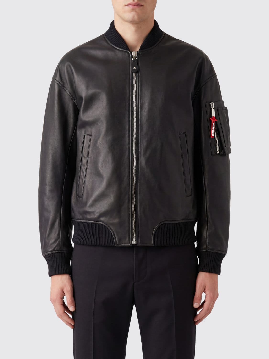 Dsquared2 Smooth Leather Bomber Jacket with Dropped Shoulders
