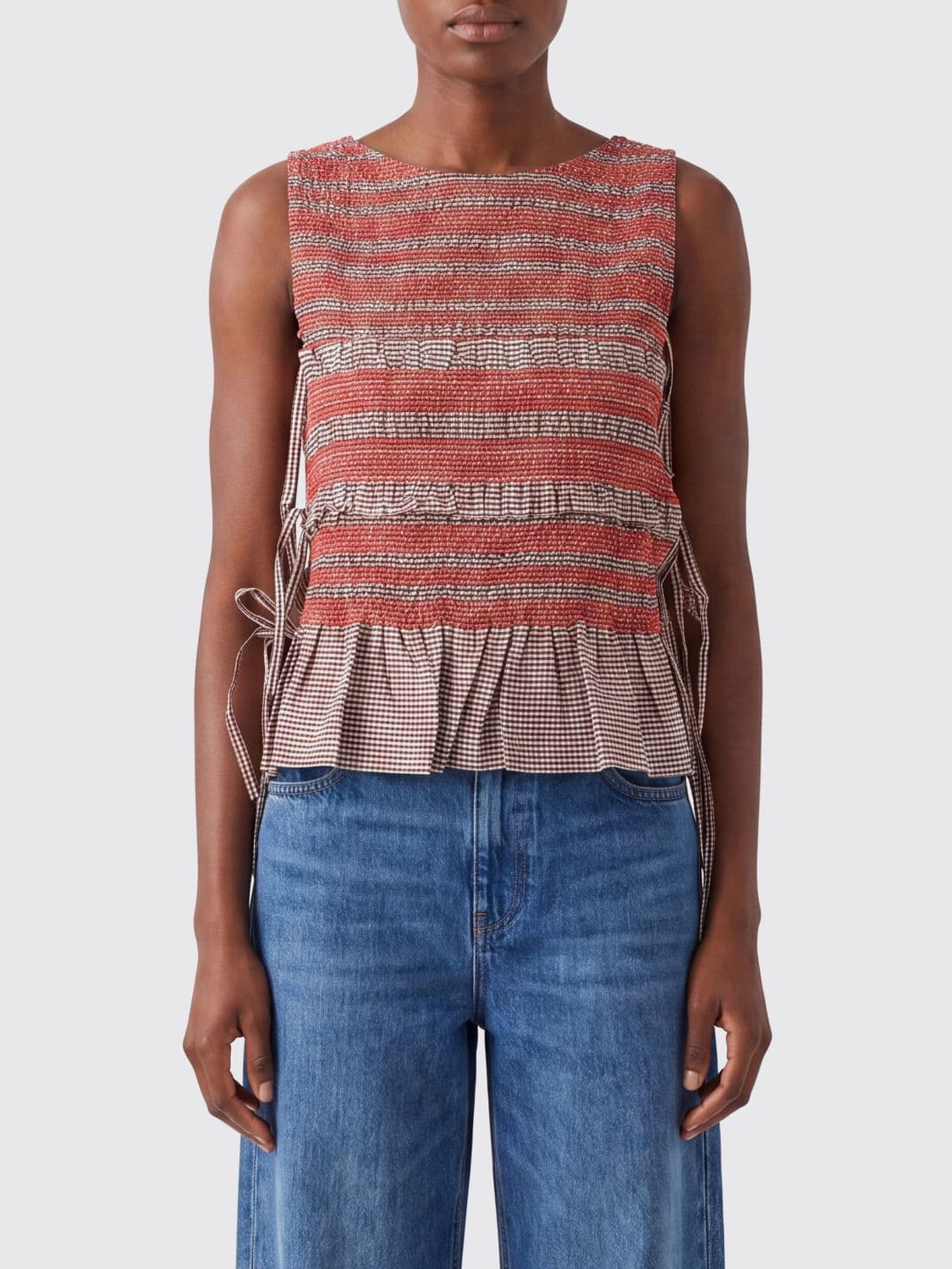Ganni Striped Cotton Top with Tie Fastening and Flounces