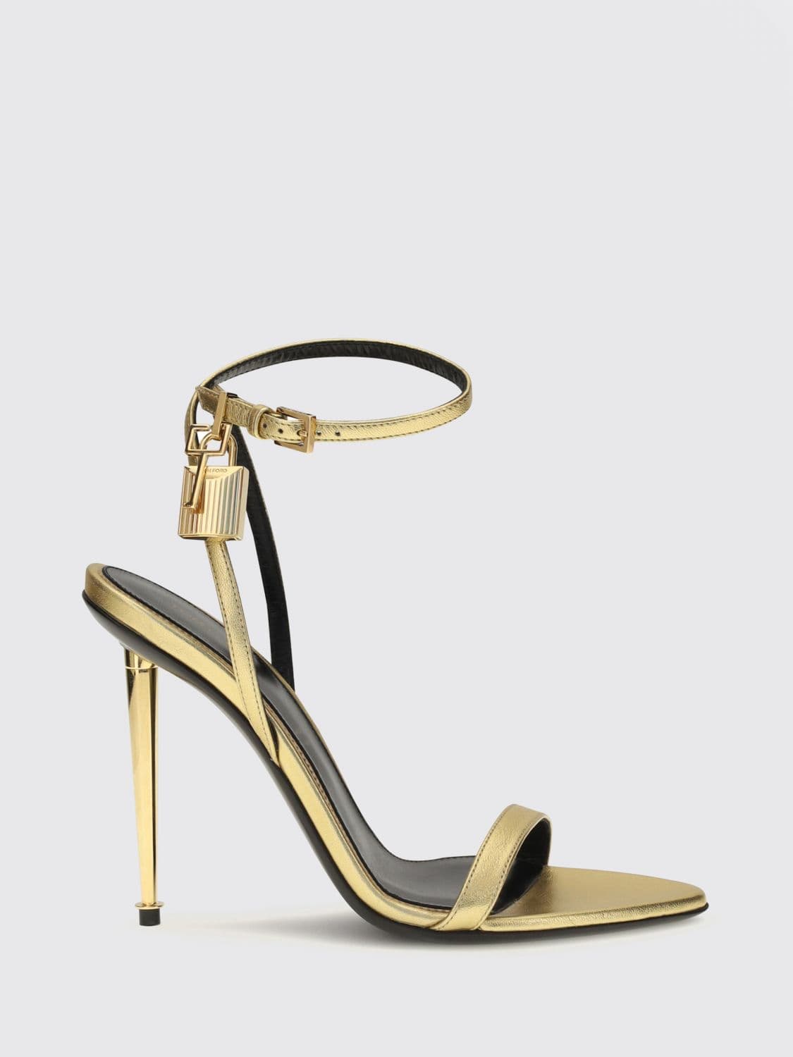 Tom Ford Padlock Gold Laminated Leather Sandals with Stiletto Heel