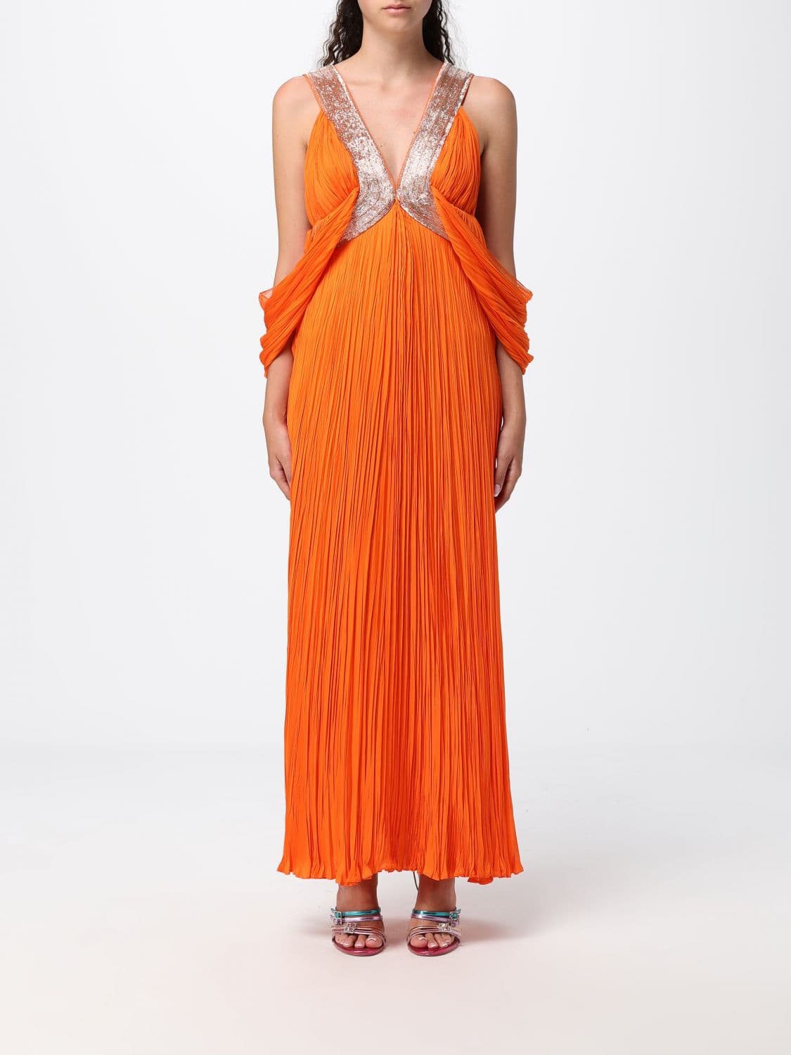 Alberta Ferretti Long Pleated Silk Kaftan with Off-the-Shoulder Design