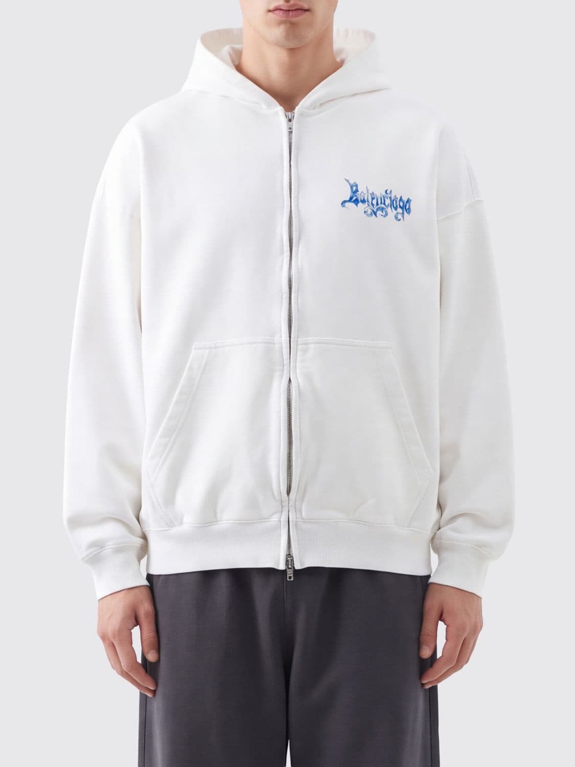 Balenciaga Cotton Zip-Up Hoodie with Kangaroo Pocket and Dropped Shoulders