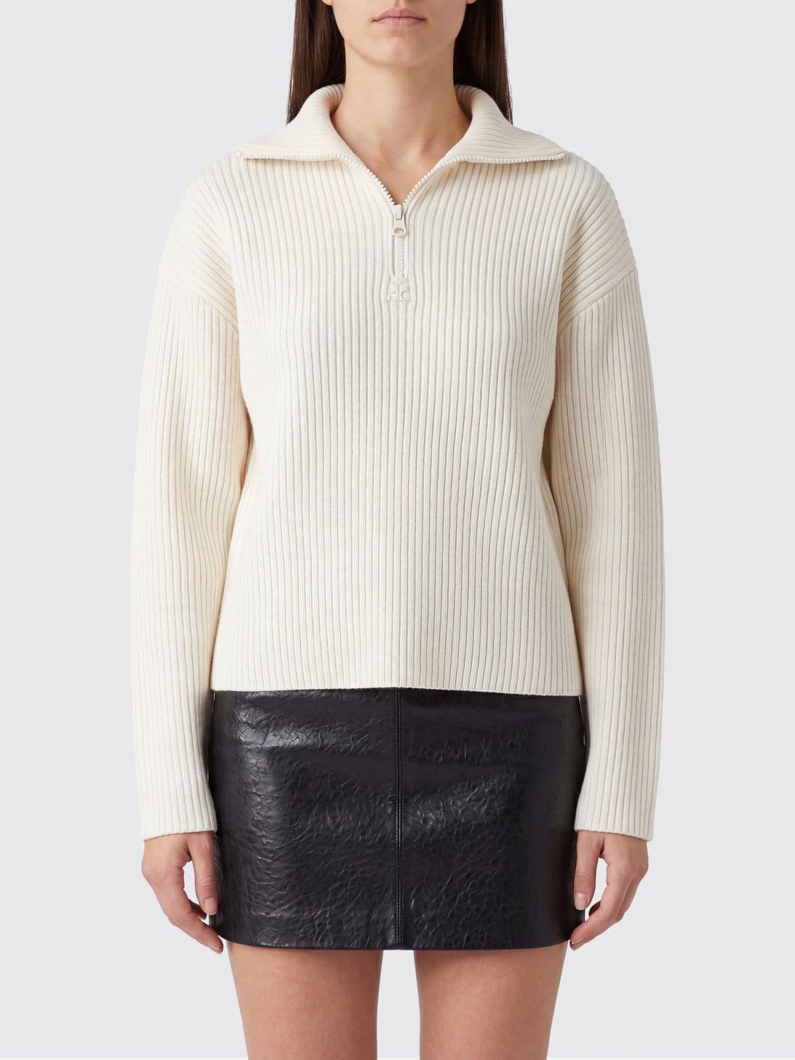 Courrèges Ribbed Turtleneck Jumper in Pure Merino Wool with Half-Zip