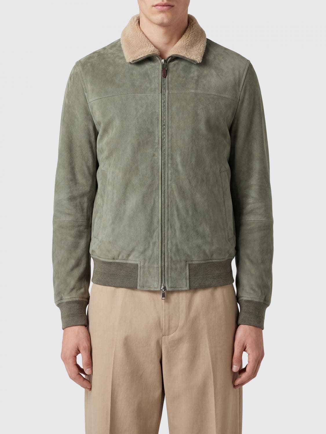Canali Suede Leather Bomber Jacket with Fur Collar and Elasticated Hem
