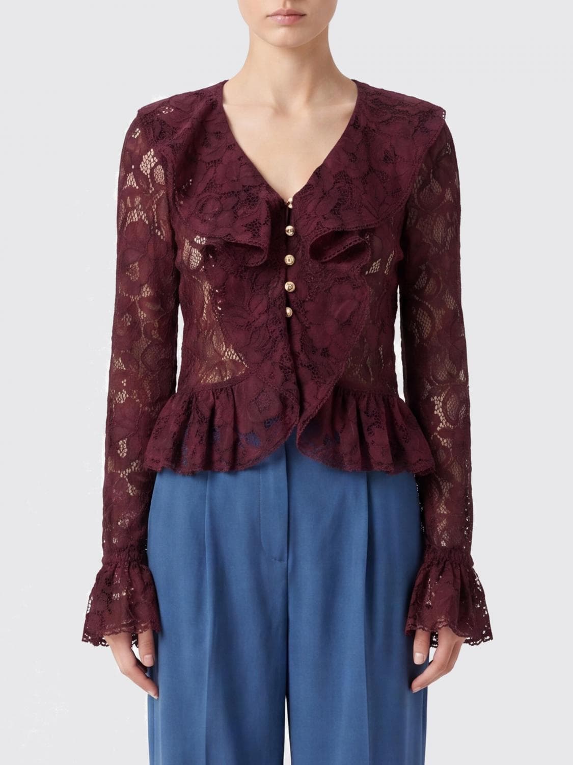 Self-Portrait V-Neck Ruffle Lace Long-Sleeve Top