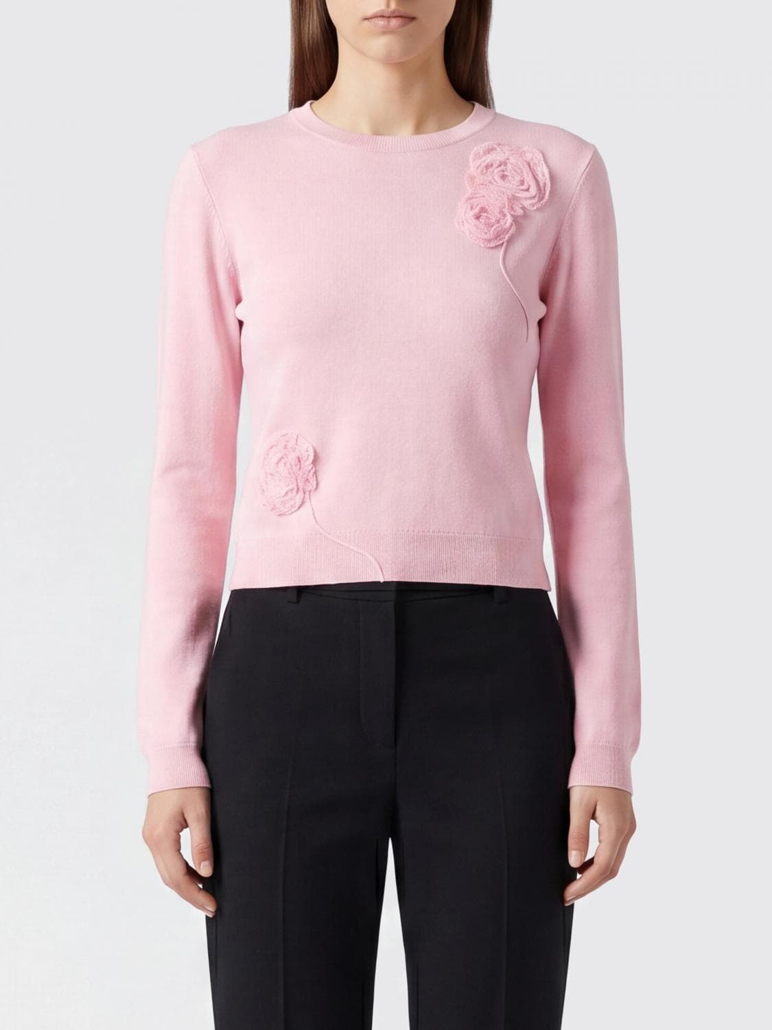Self-Portrait Floral Appliqué Crewneck Jumper in a Wool and Silk Blend