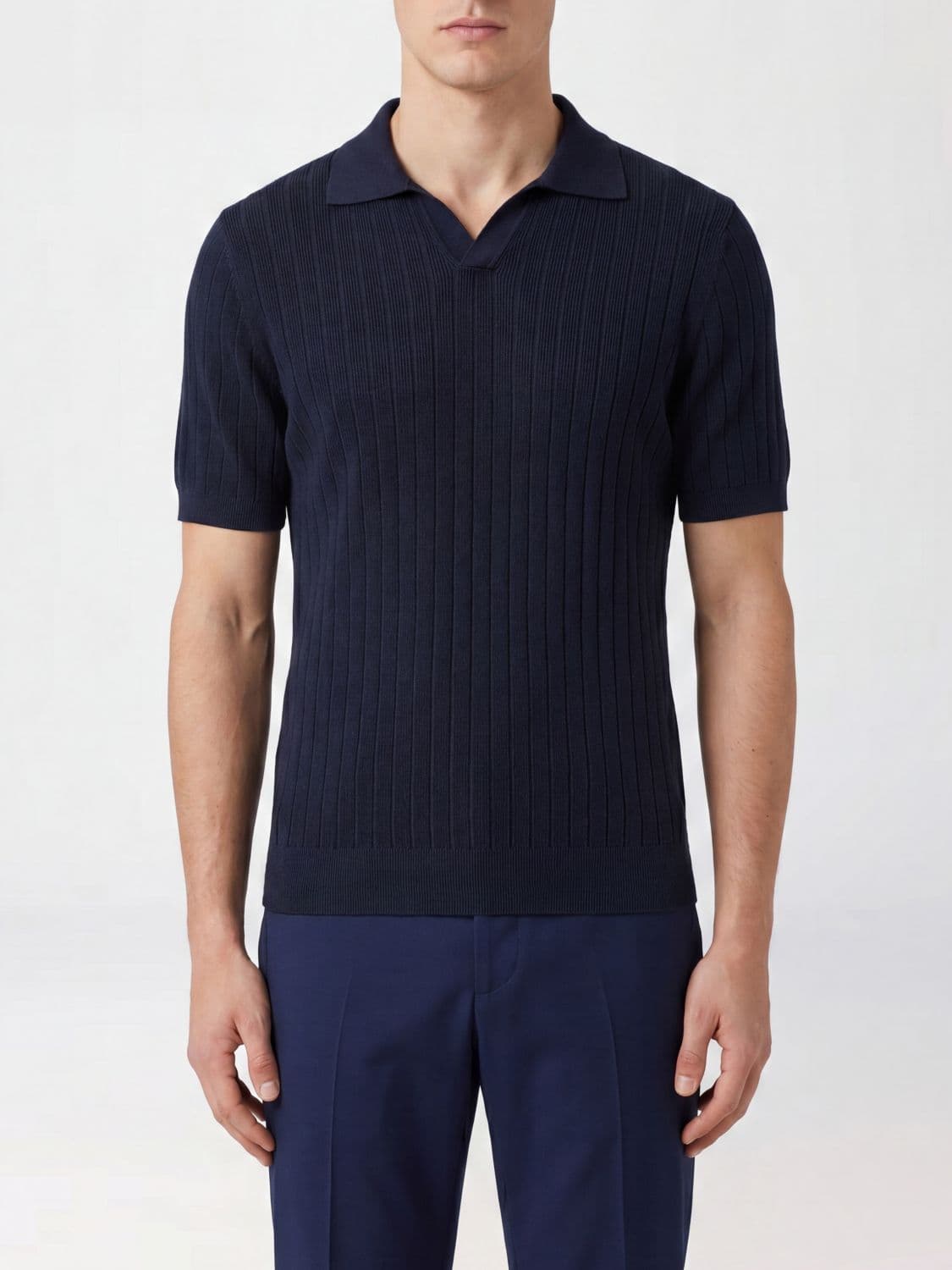 Fedeli Slim Fit V-Neck Knit Polo in Organic Cotton with Short Sleeves
