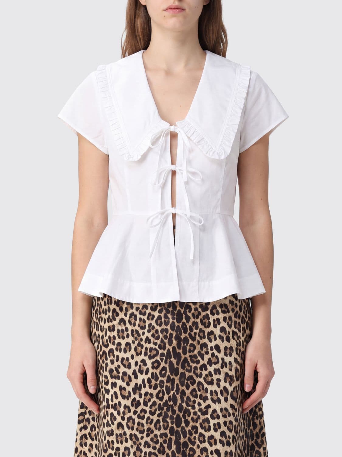 Ganni Organic Cotton Blouse with Sailor Collar and Ruffles