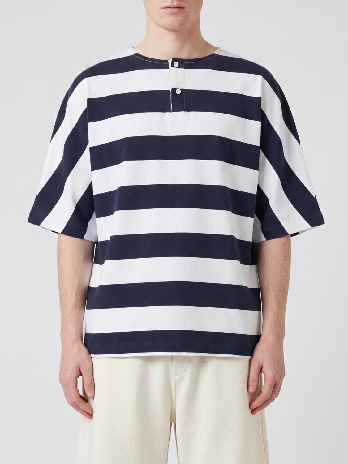 Jacquemus Striped Cotton T-Shirt with Crewneck and Button Placket · M