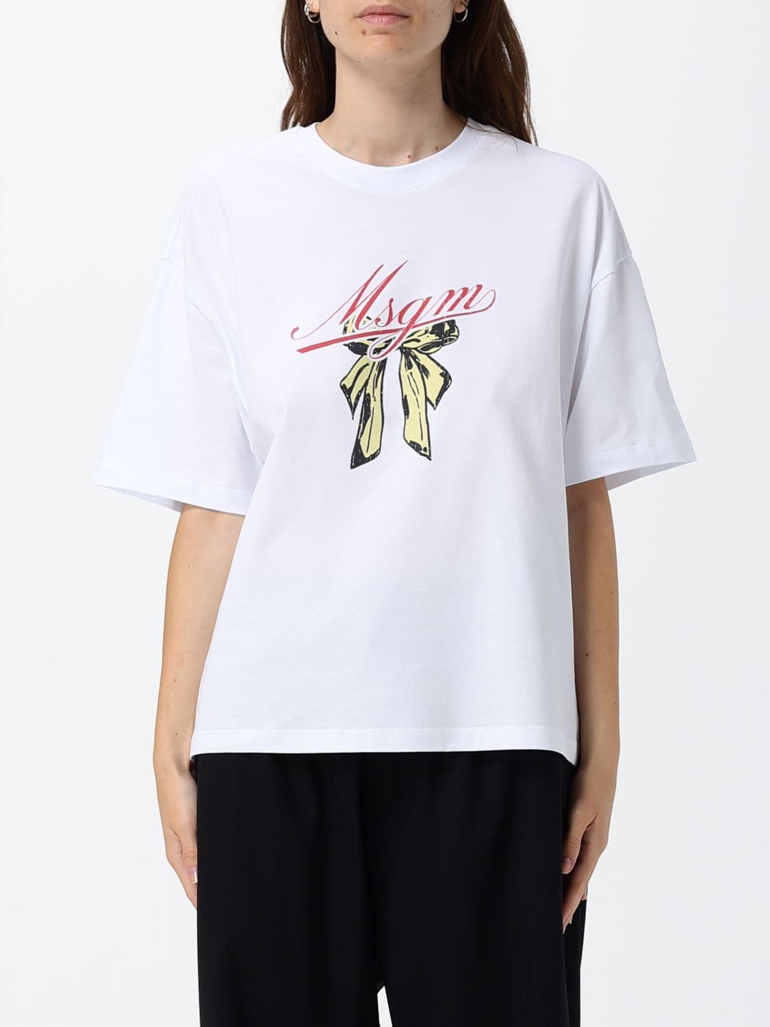 Msgm Cotton T-Shirt with Logo Print and Applied Bows