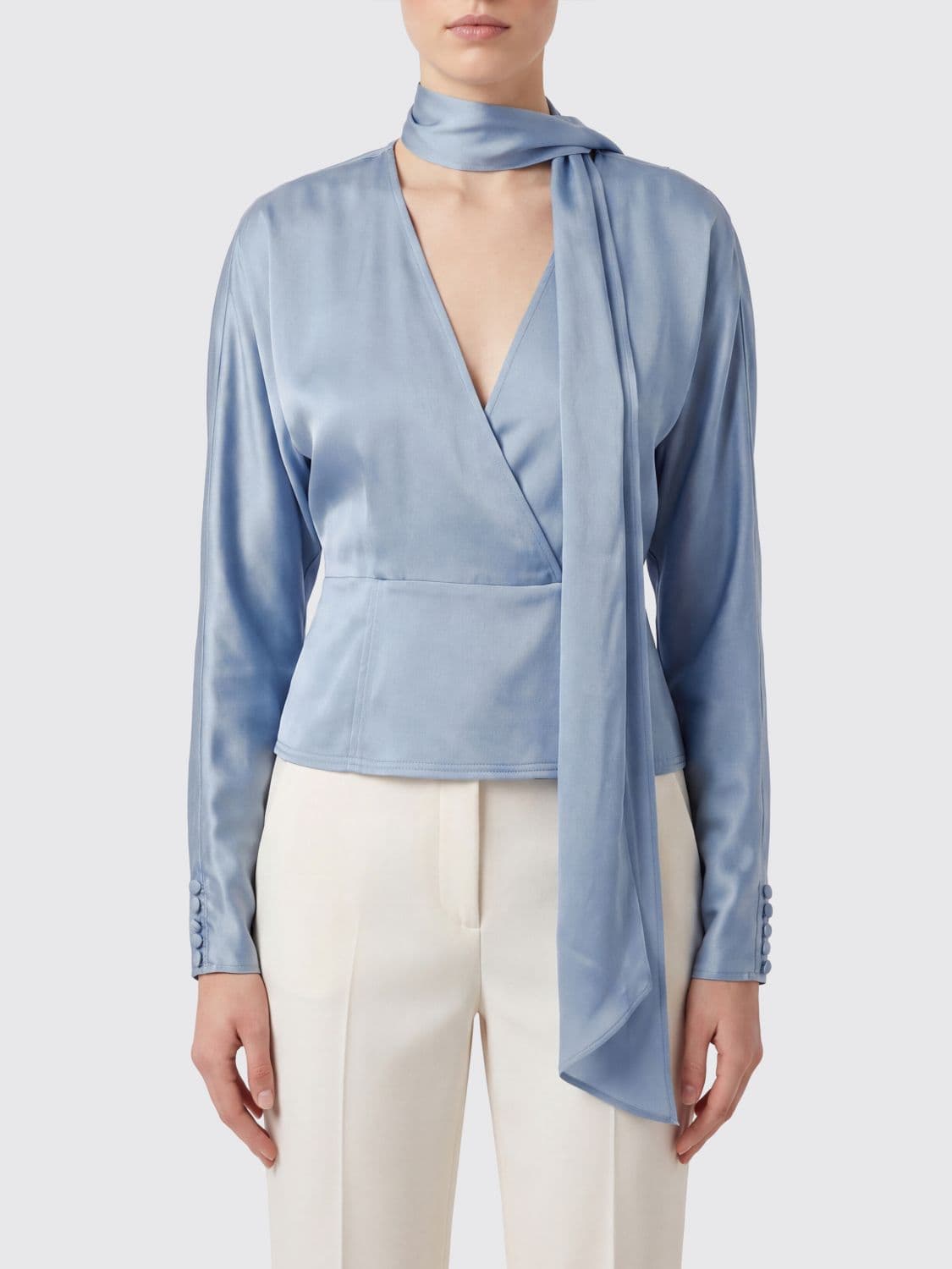 Ganni Pussy-Bow Long-Sleeved Satin Blouse with Dropped Shoulders · 38