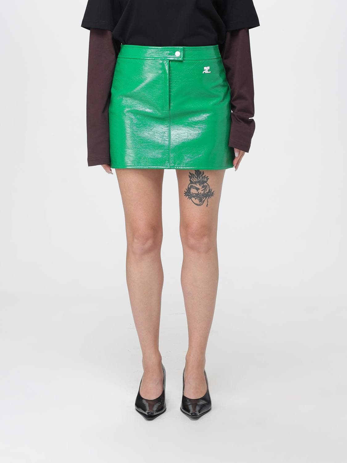 Courrèges Coated Cotton Pencil Mini Skirt with Patent Effect · 38