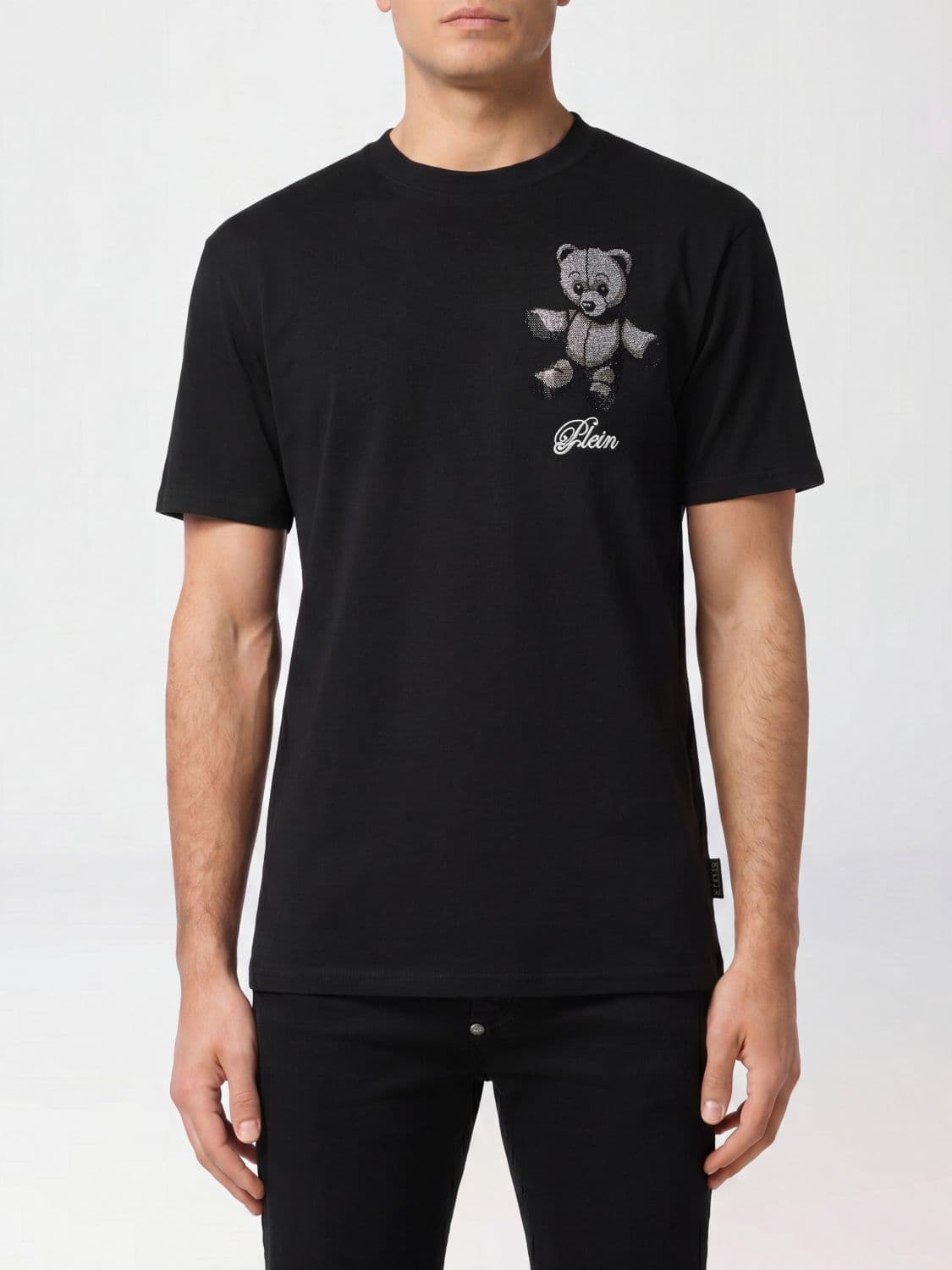 Philipp Plein Slim Fit Cotton T-Shirt with Contrast Teddy Bear Print