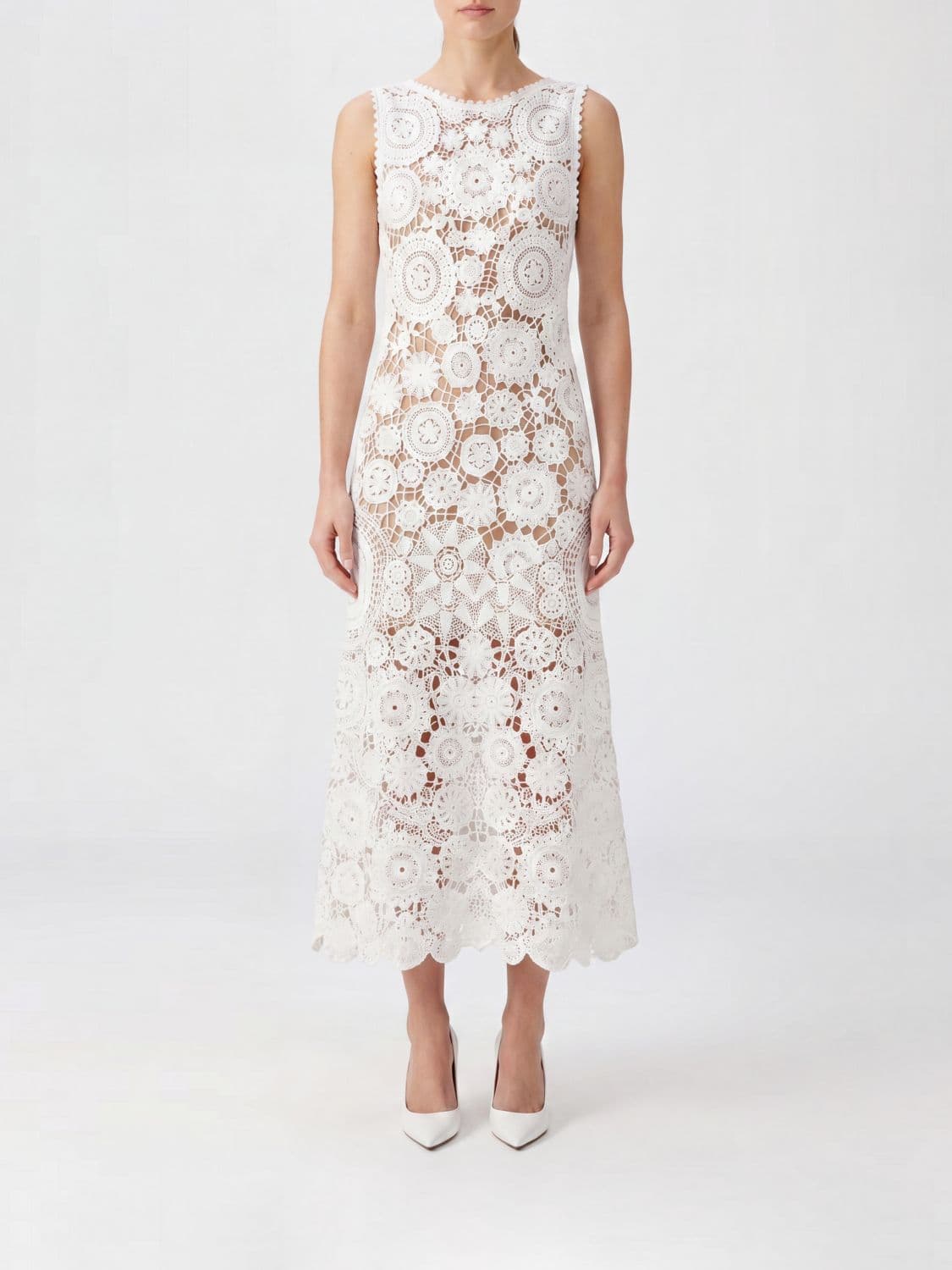 Self-Portrait Sleeveless A-Line Midi Dress in Cotton Macramé Lace