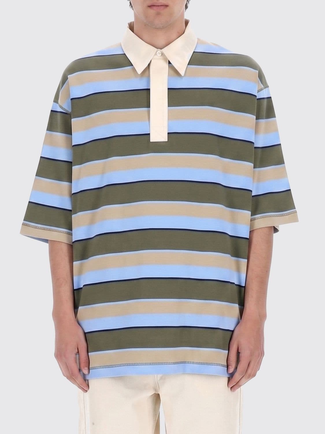 Ami Paris Striped Relaxed Fit Cotton Polo Shirt with Concealed Placket and French Collar