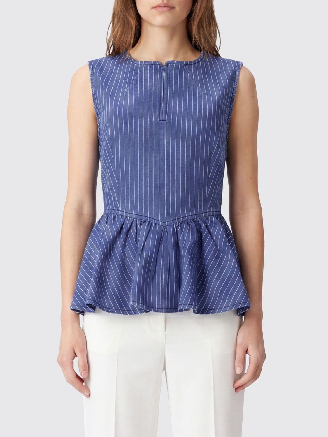 Baum Und Pferdgarten Sleeveless Pinstriped Cotton Top with Ruffled Hem