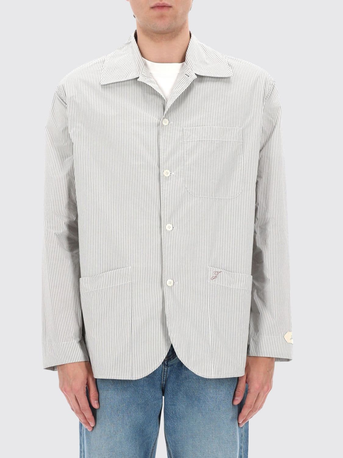 Jacquemus Boutis Striped Cotton Poplin Short Jacket with Cuban Collar