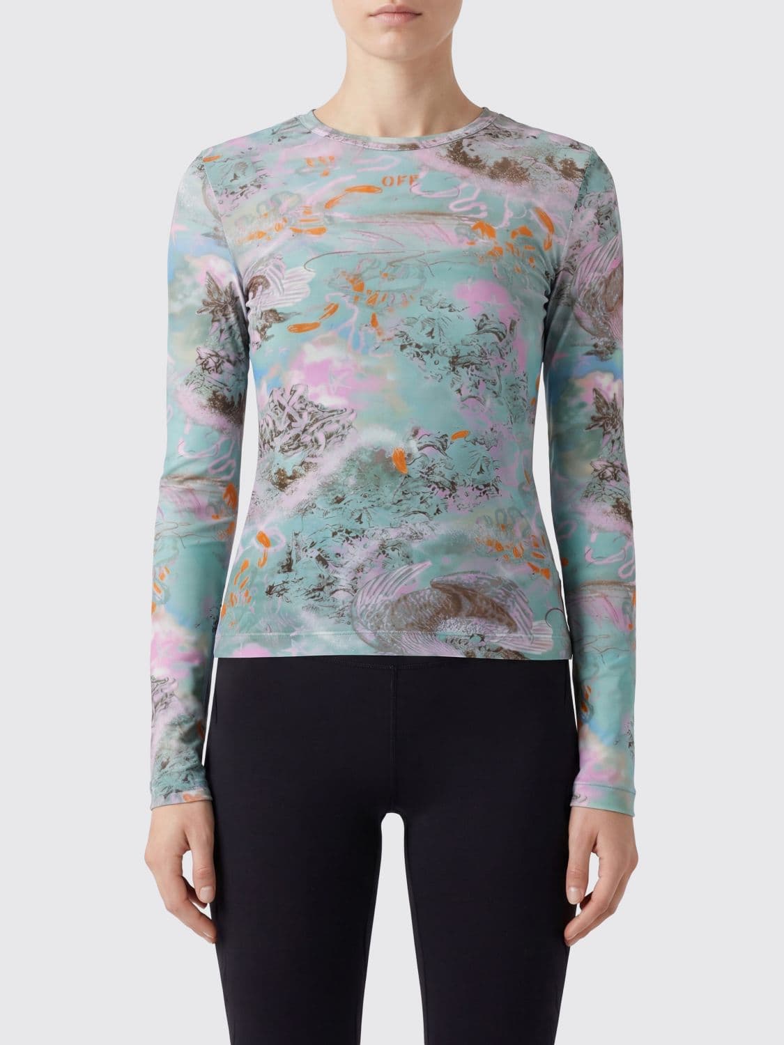 Off-White Long-Sleeved Slim Fit Top with All-Over Graphic Print