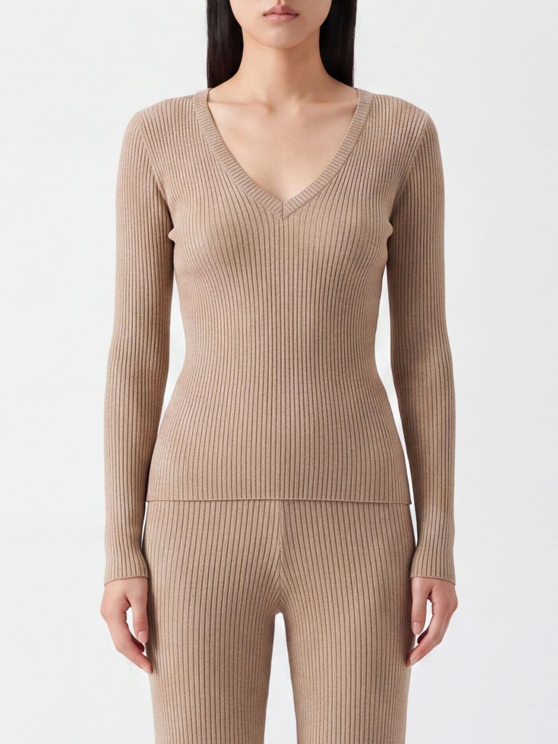 Liu Jo Slim Fit Ribbed V-Neck Jumper with Laminated Yarn