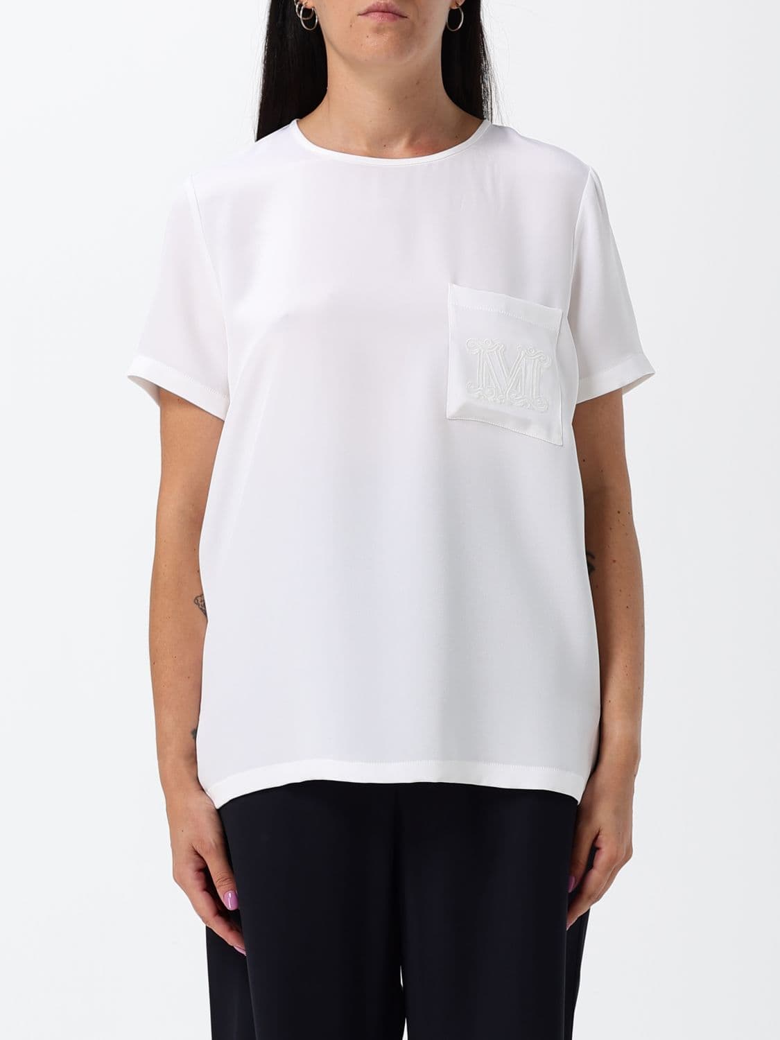 Max Mara Short-Sleeved Silk Blouse with Tone-on-Tone Monogram