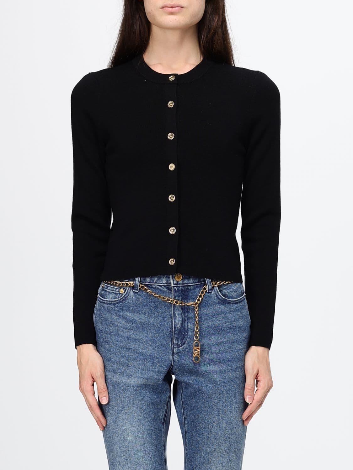 Michael Kors Merino Wool-Blend Crewneck Cardigan with Button Closure