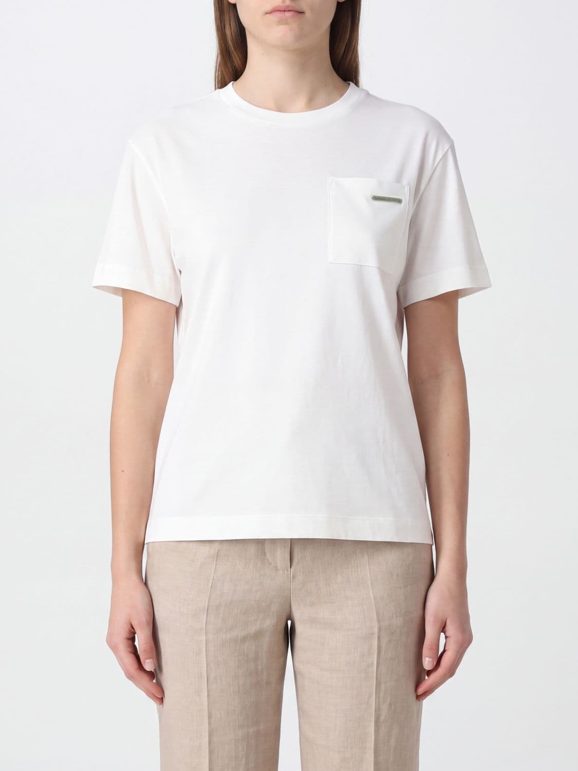Brunello Cucinelli Cotton Crewneck T-shirt with Pocket and Monili Embellishment
