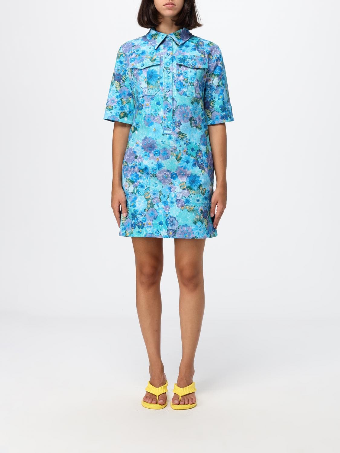Chloé Floral Stretch Cotton Mini Shirt Dress with Patch Pockets · 36