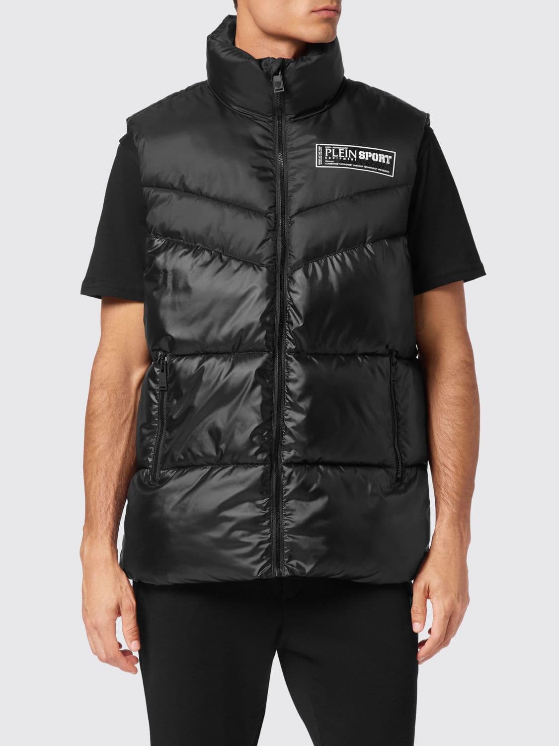 Plein Sport Quilted Nylon Padded Gilet with High Collar and Logo