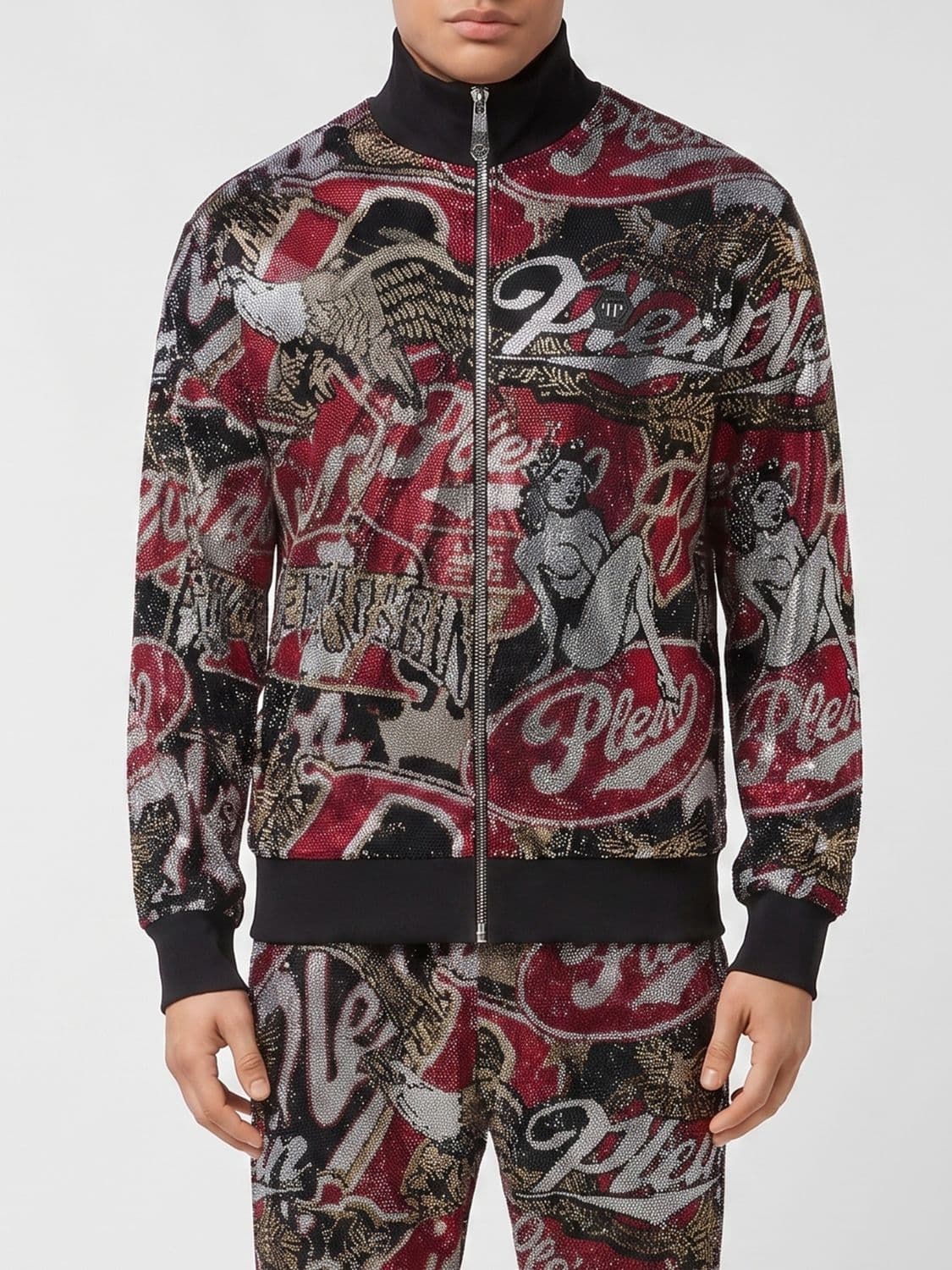 Philipp Plein High Neck Zip-Up Jersey Sweatshirt with Graphic Print and Rhinestones