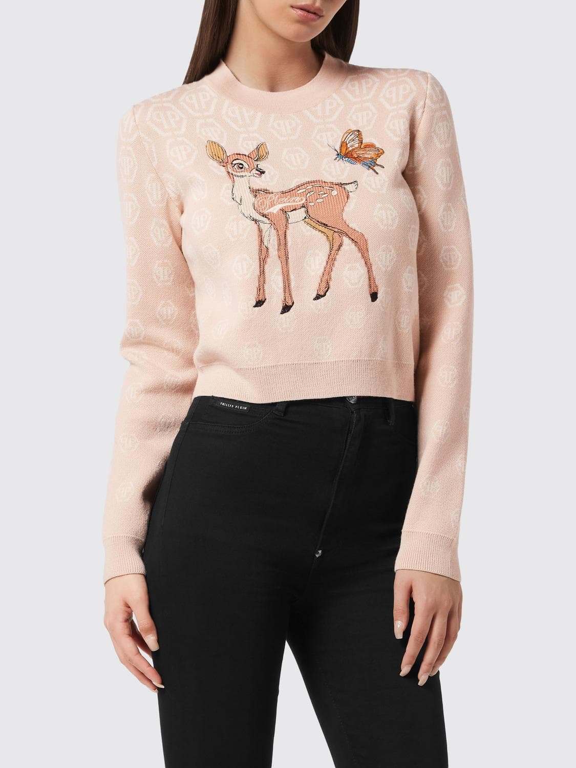 Philipp Plein Cropped Wool Blend Sweater with Monogram and Fauna Print