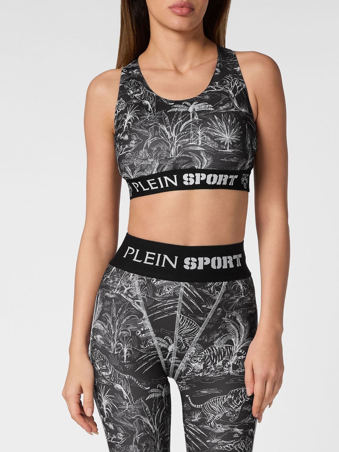 Plein Sport Cropped Tropical Print Jersey Sports Top with Criss-Cross Straps