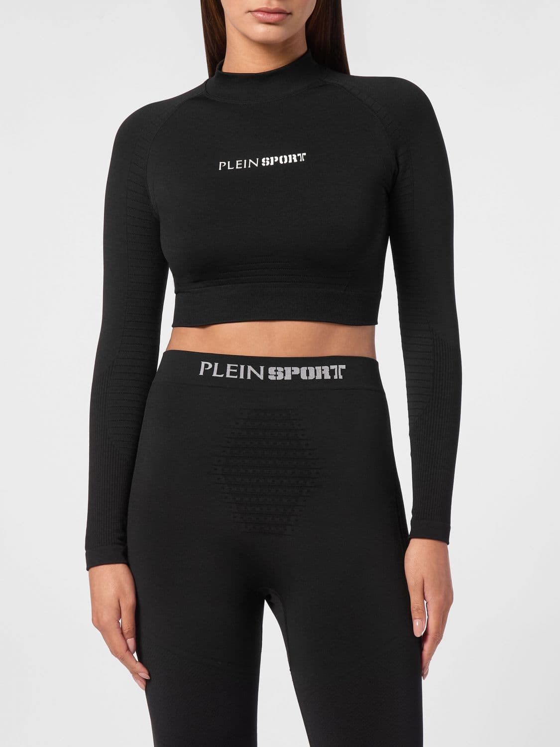 Plein Sport Cropped Long-Sleeve Slim Fit Sports Top in Jersey with Logo