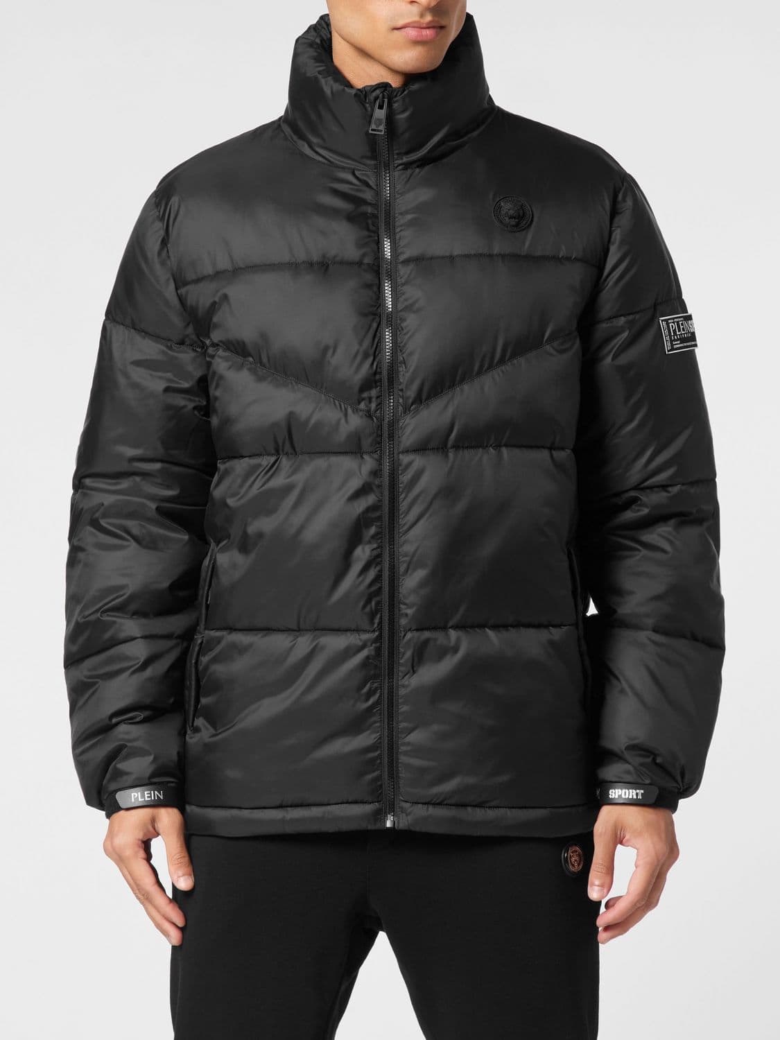 Plein Sport Short Quilted Technical Fabric Puffer Jacket with High Neck