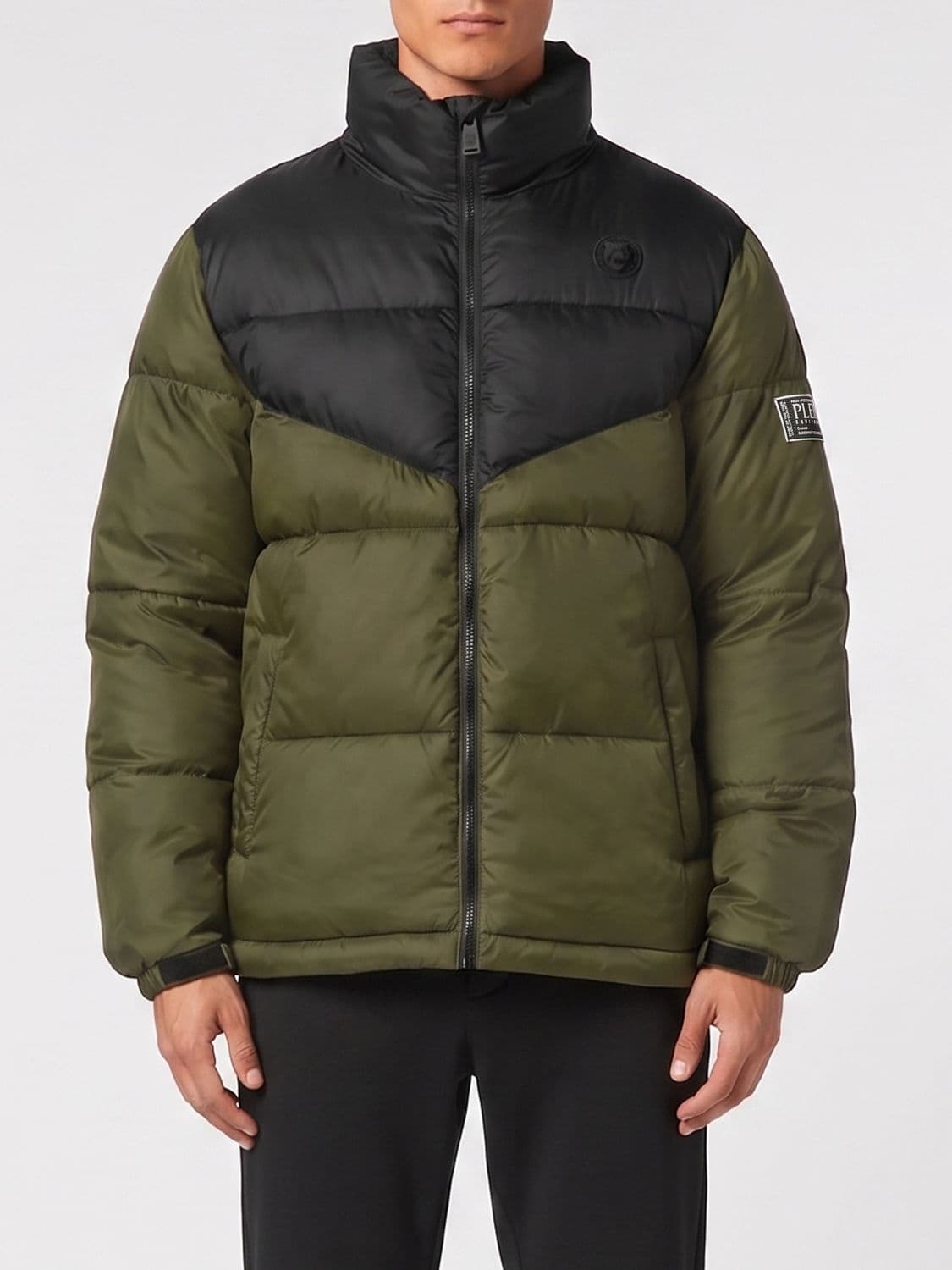 Plein Sport Short Quilted Technical Fabric Puffer Jacket with High Neck